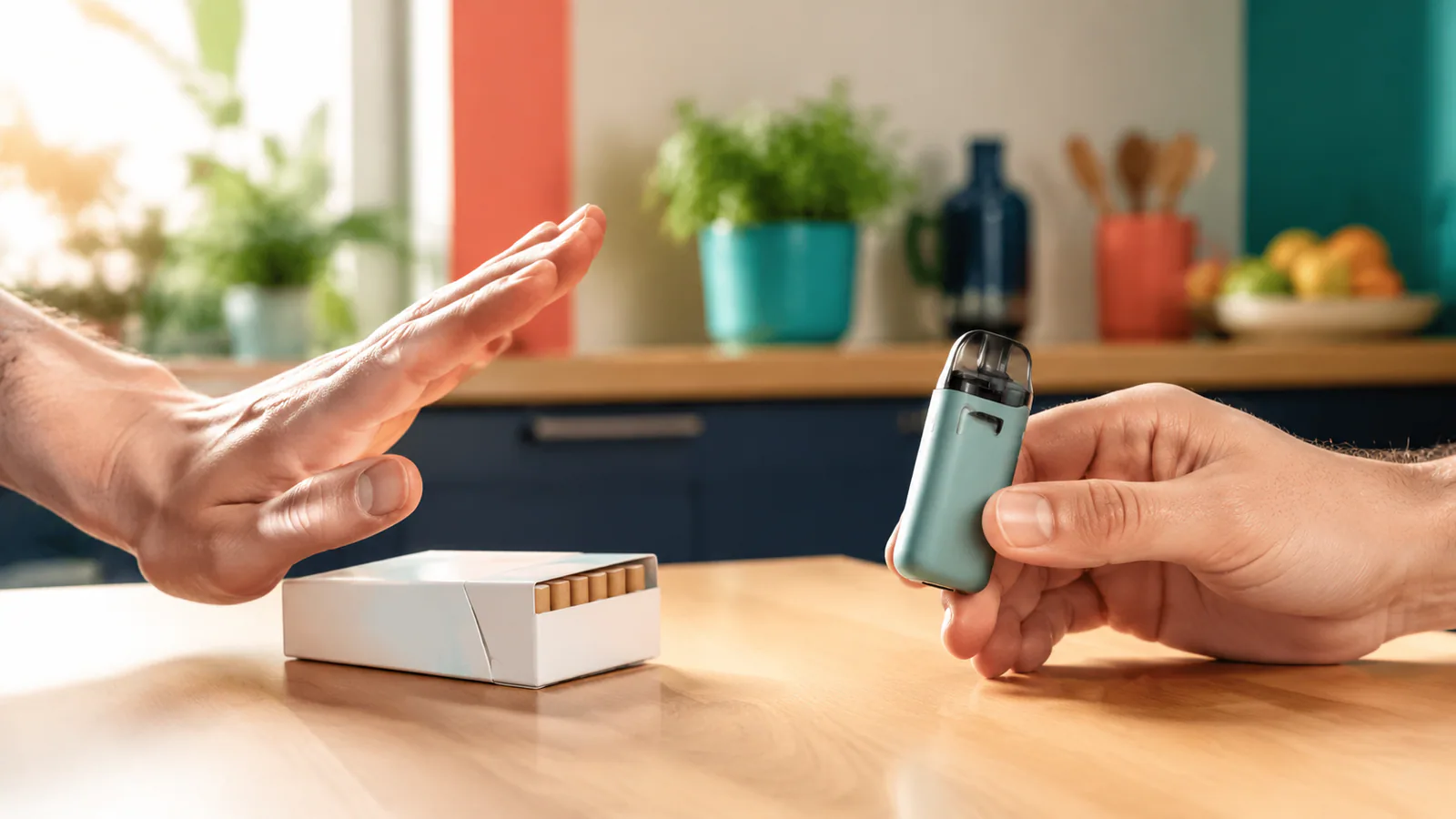 Main d’un adulte délaissant un paquet de cigarettes pour un pod rechargeable